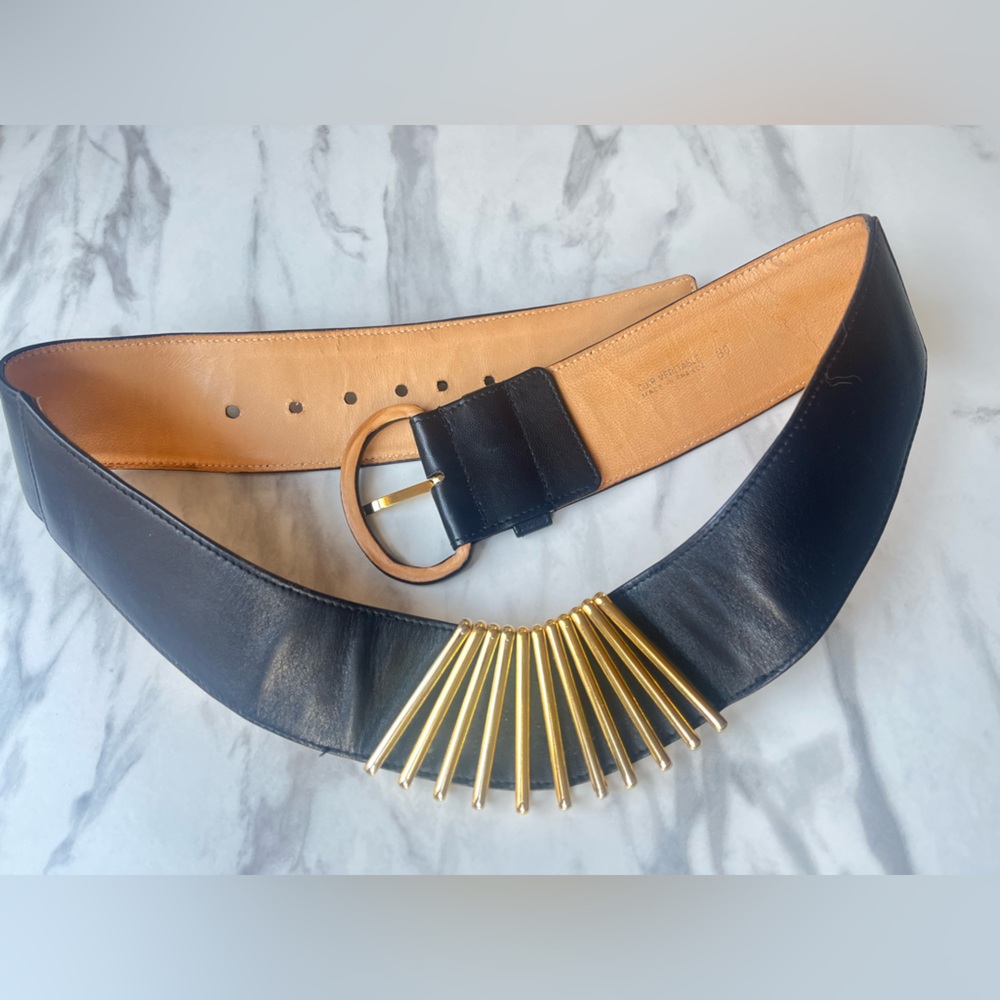 Vintage 1990s Karl Lagerfeld Black Leather Belt w/ Gold-Tone Metal Fan France